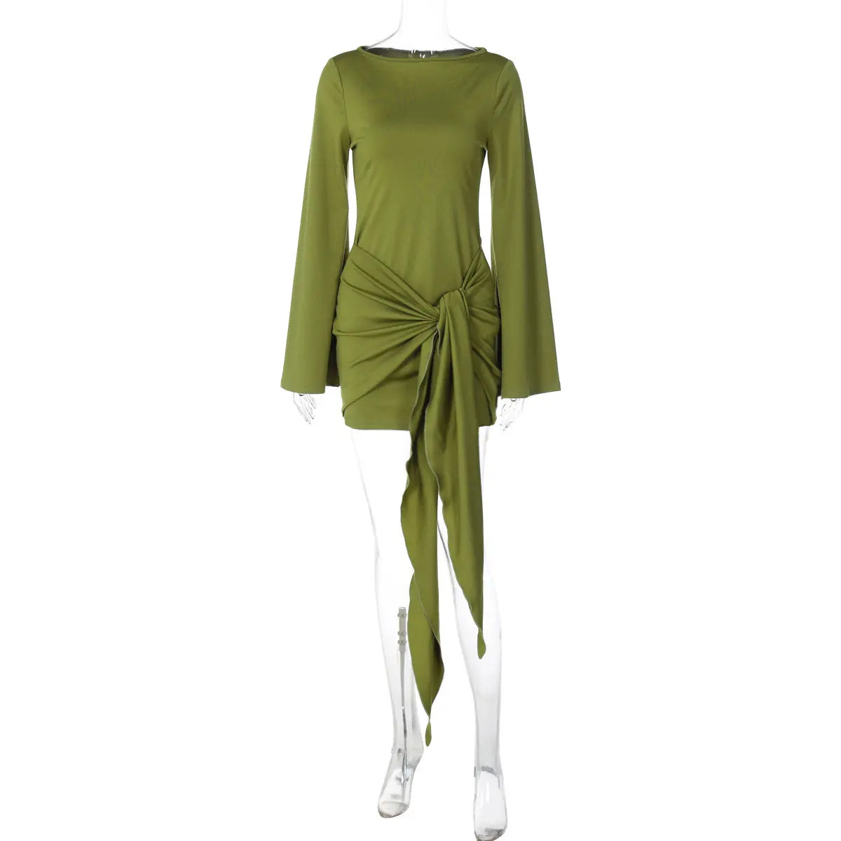 Women Clothing Autumn Solid Color round Neck Pleated Lace up Long Sleeved Slim Fit Short Dress Bella Mia