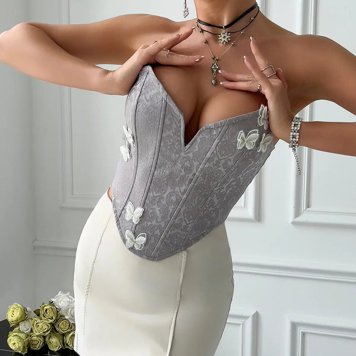Sexy Deep V Plunge neck Low Cut Lace up Three Dimensional Butterfly Floral Backless Boning Corset Tube Top Vest Bella Mia