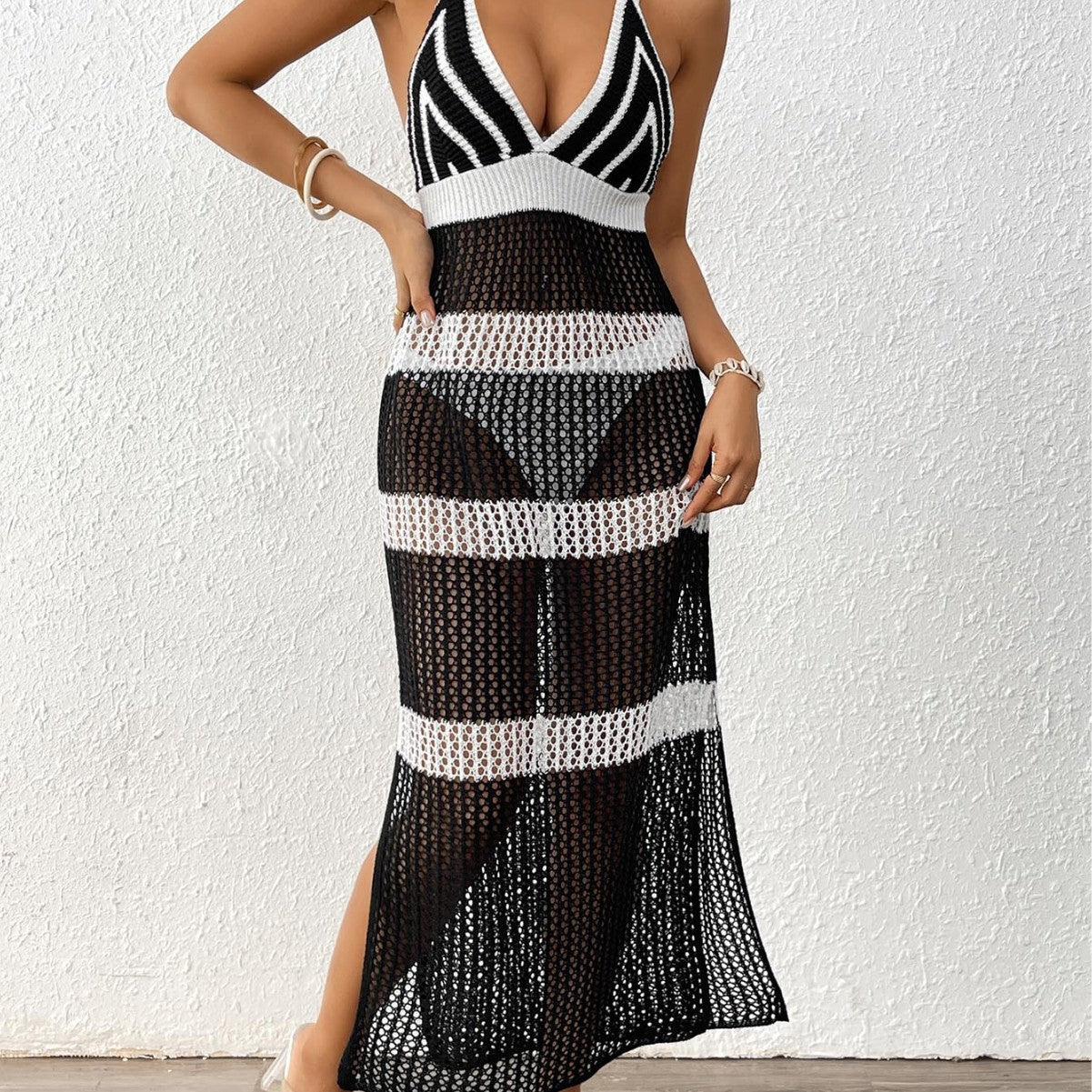 Women Dress Women Clothing Color Contrast Patchwork Suspender Skirt Tied Slim Fit Dress Beach Cover up Bella Mia