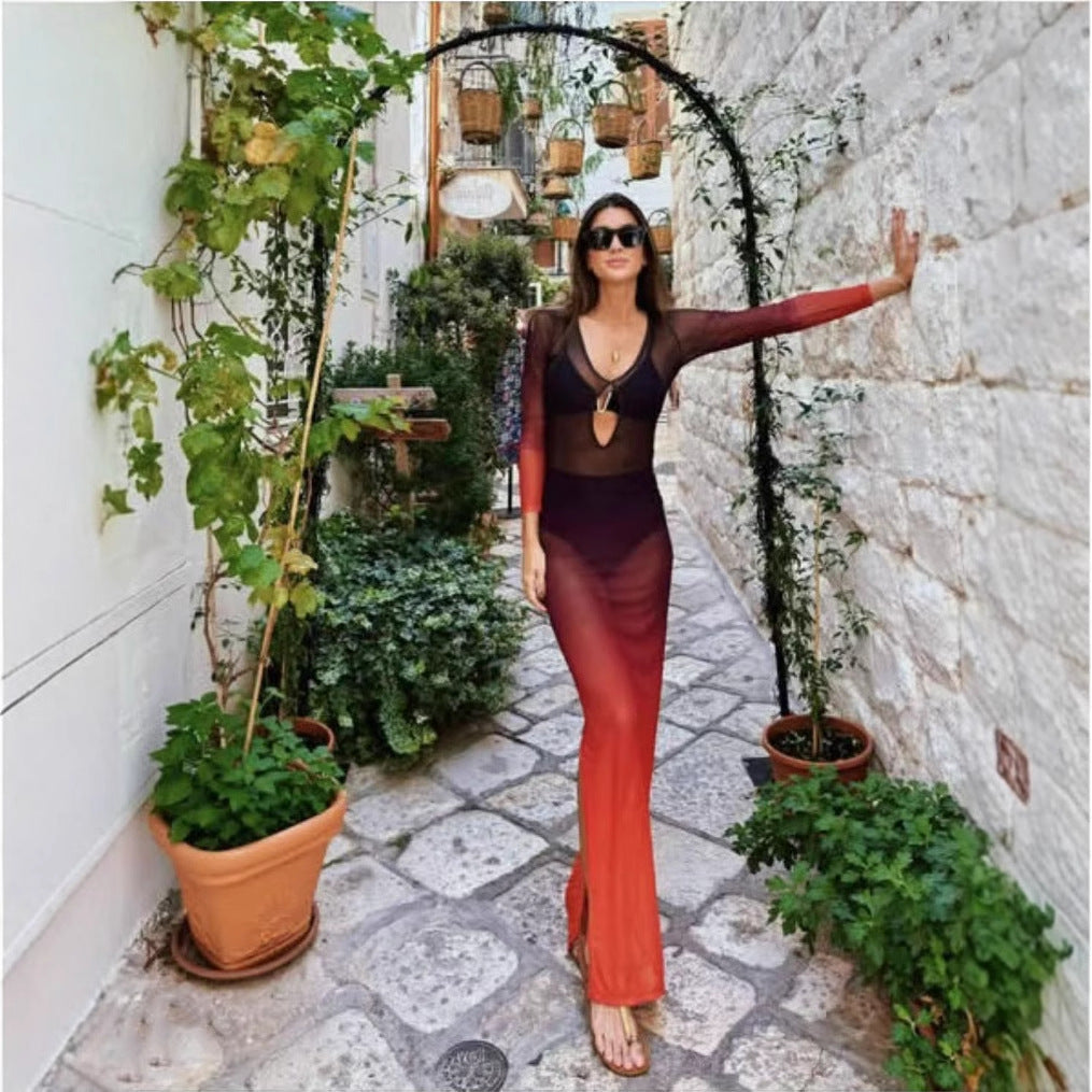 Spring Summer Color Contrast Gradient Transparent Hollow Out Cutout Split Vacation Beach Dress Bella Mia