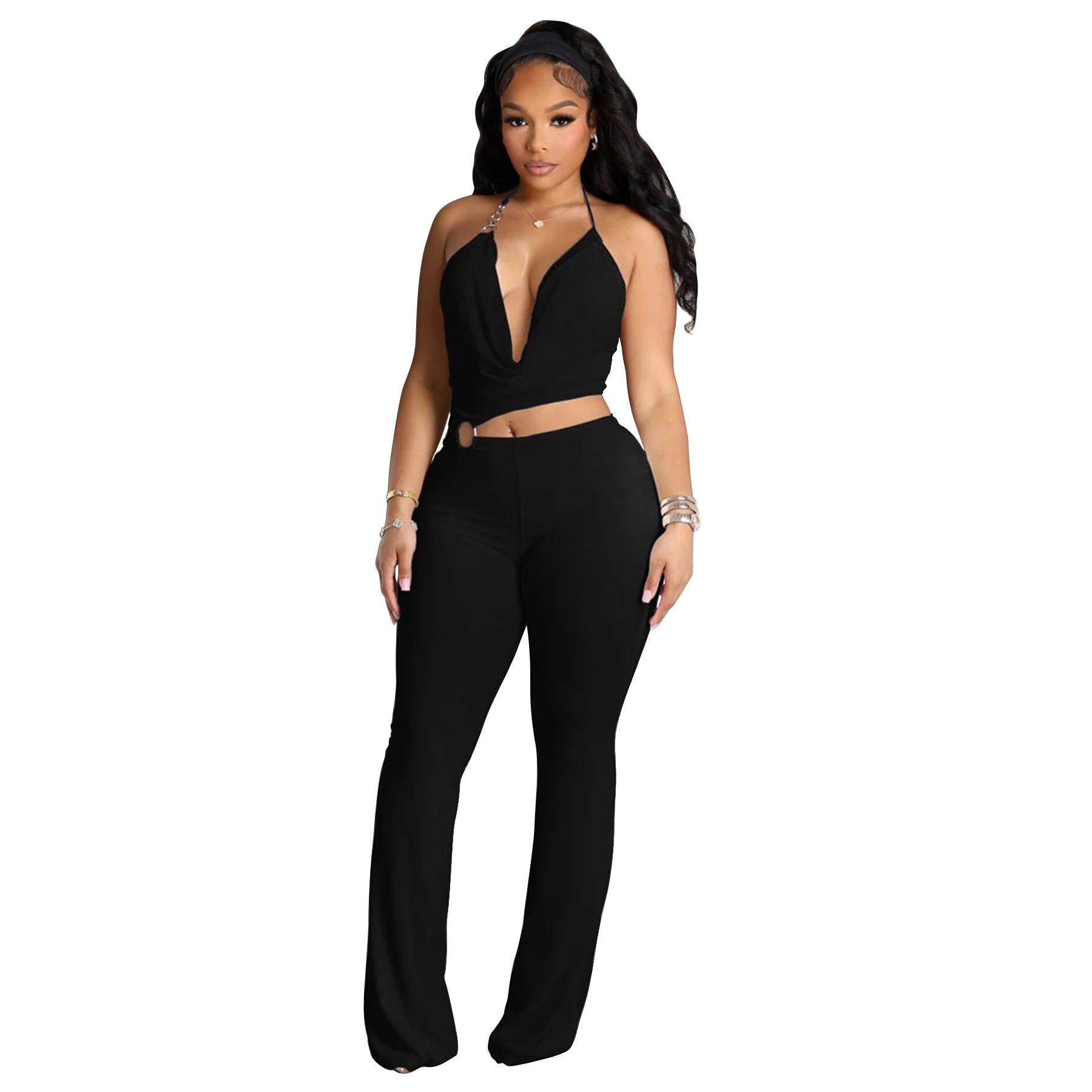 Women Clothing Supply Circle Decoration Sexy Halter Cropped Outfit Slim Fit Bodysuit Bella Mia