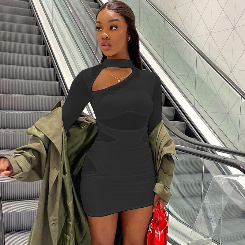 Women Solid Color Dress Sexy Hollow Out Cutout Dress Mesh Stitching Hip Dress Bella Mia