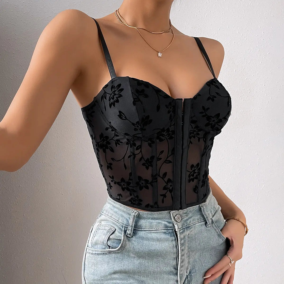 Women Sexy Low Cut See Through Mesh Boning Corset Waist Short Top Bella Mia