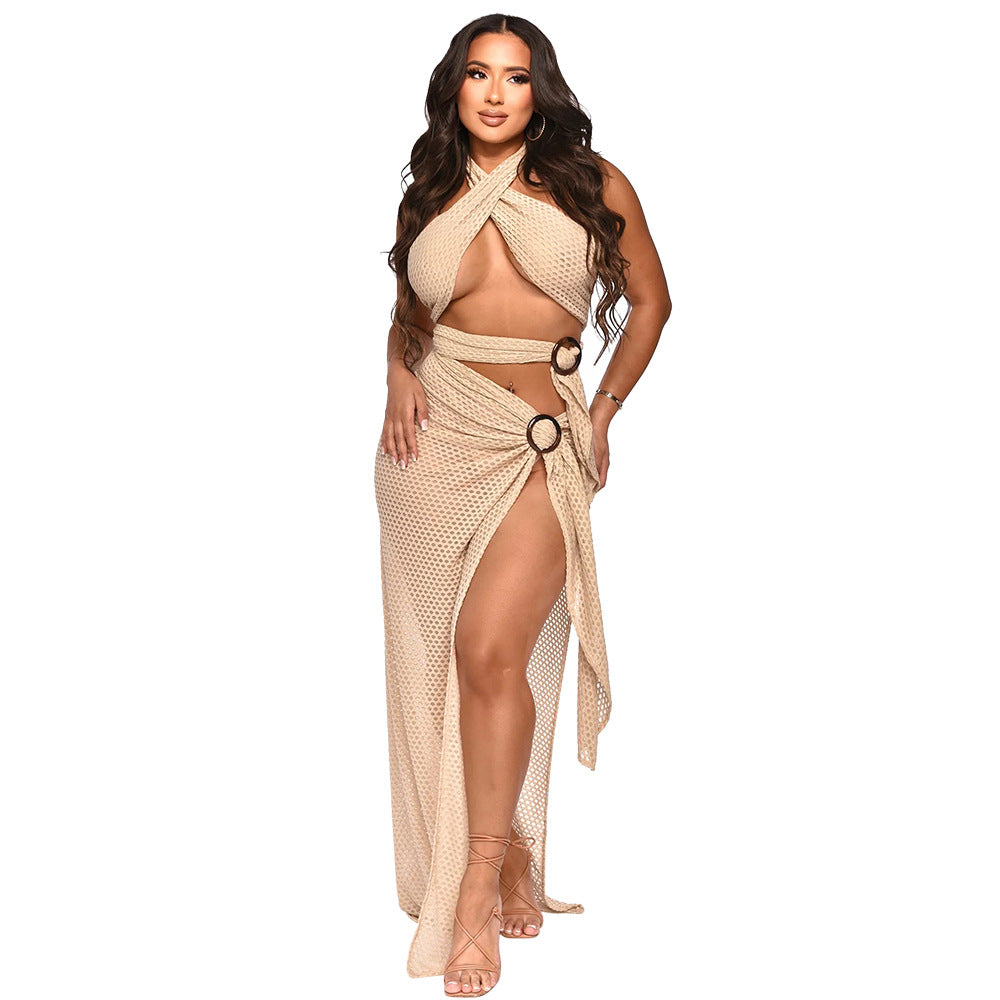 Sexy Halter Mesh Slim Fit High Slit Dress Women Solid Color Bella Mia