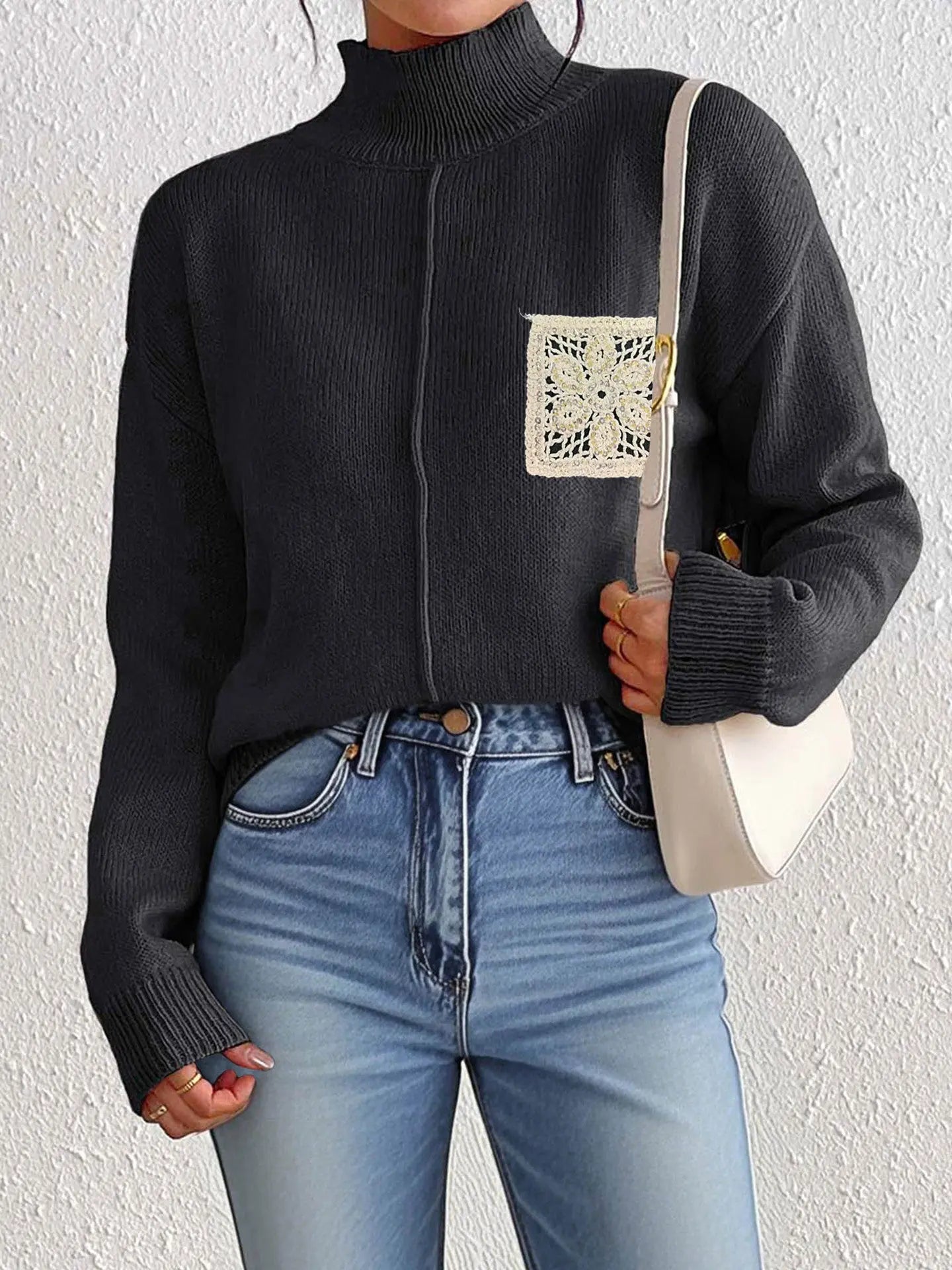 Autumn Winter Women Clothing Solid Color Half Collar Pullover Sweater Sequined Hollow Out Cutout Pocket Stitching Sweater for Women Bella Mia