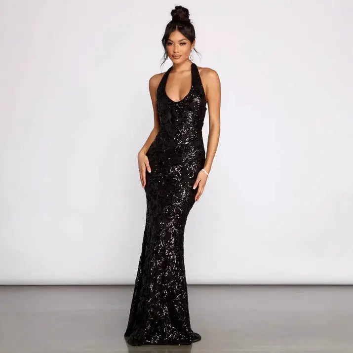 Women Sequin Backless Halter Neck Maxi Dress Bodycon Formal Bella Mia