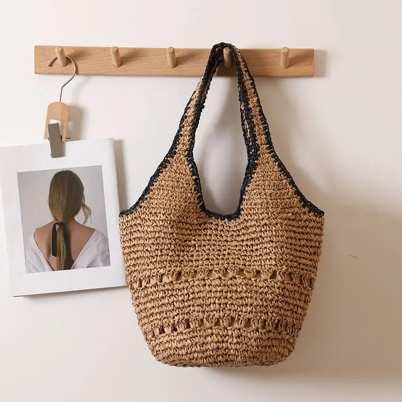 Large Capacity One Shoulder Straw Bag Casual Hollow Out Cutout Portable Straw Bag Woven Bag Women Seaside Vacation Beach Bag Bella Mia