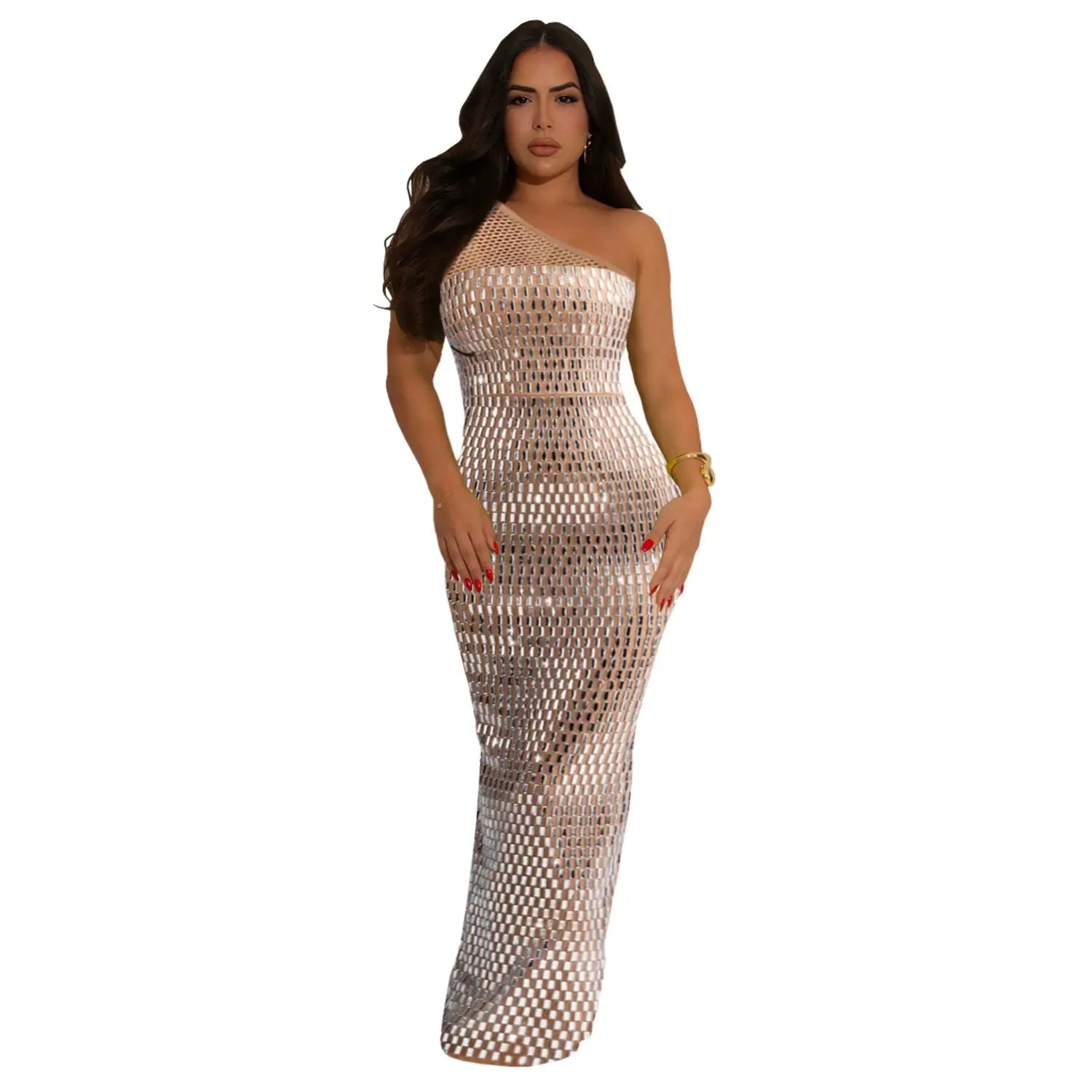 Women Wear Sexy Mesh Rhinestone Shoulder Sleeveless Dress Bella Mia