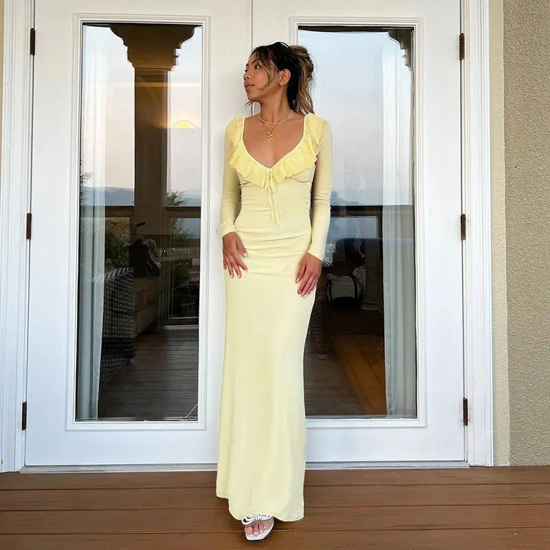 Sexy Ruffled Long Sleeve Slim Stretch Dress Autumn Type Hip Dress Bella Mia