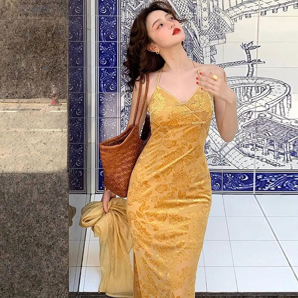 Women Clothing Spring Floral Halter Backless Office Midi Dress Bella Mia