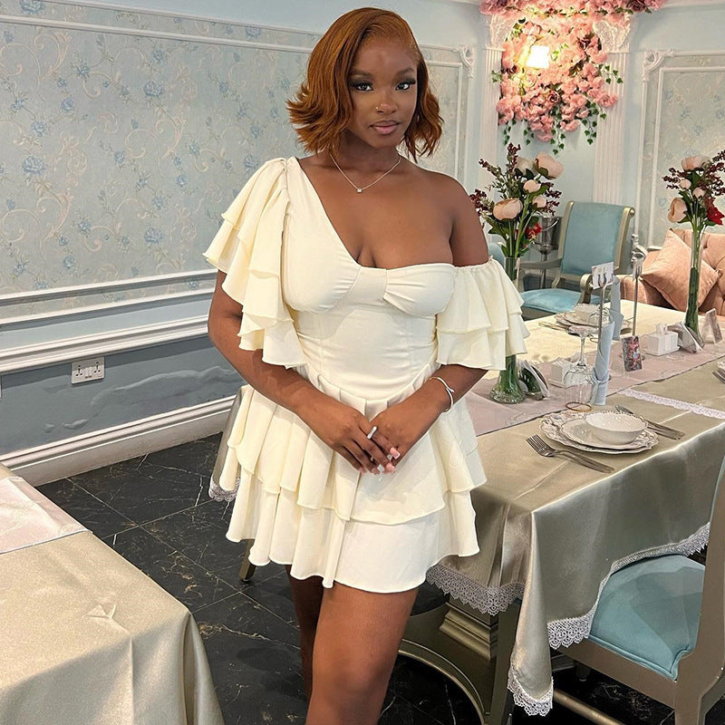 Solid Color Pleated Ruffle Sleeve Dress Irregular Asymmetric Diagonal Collar Tiered Dress Pullover Street Hipster Dress for Women Bella Mia