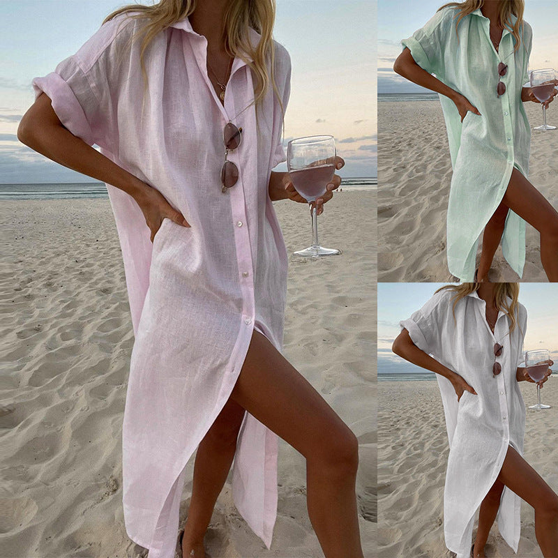 Women Clothing Solid Color Casual Long Sleeves Mid Length Cotton Linen Shirt Dress Bella Mia
