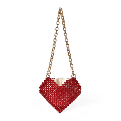 Red Love Heart Beaded Bag Hand Woven Bag Red Beads Bag Crossbody Shoulder Bag Finished Bag