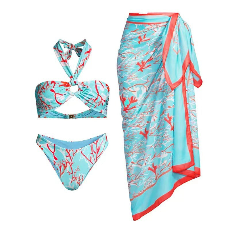 Bikini Halter Sexy Print Gauze Skirt Split Swimsuit Three Piece Set Bella Mia