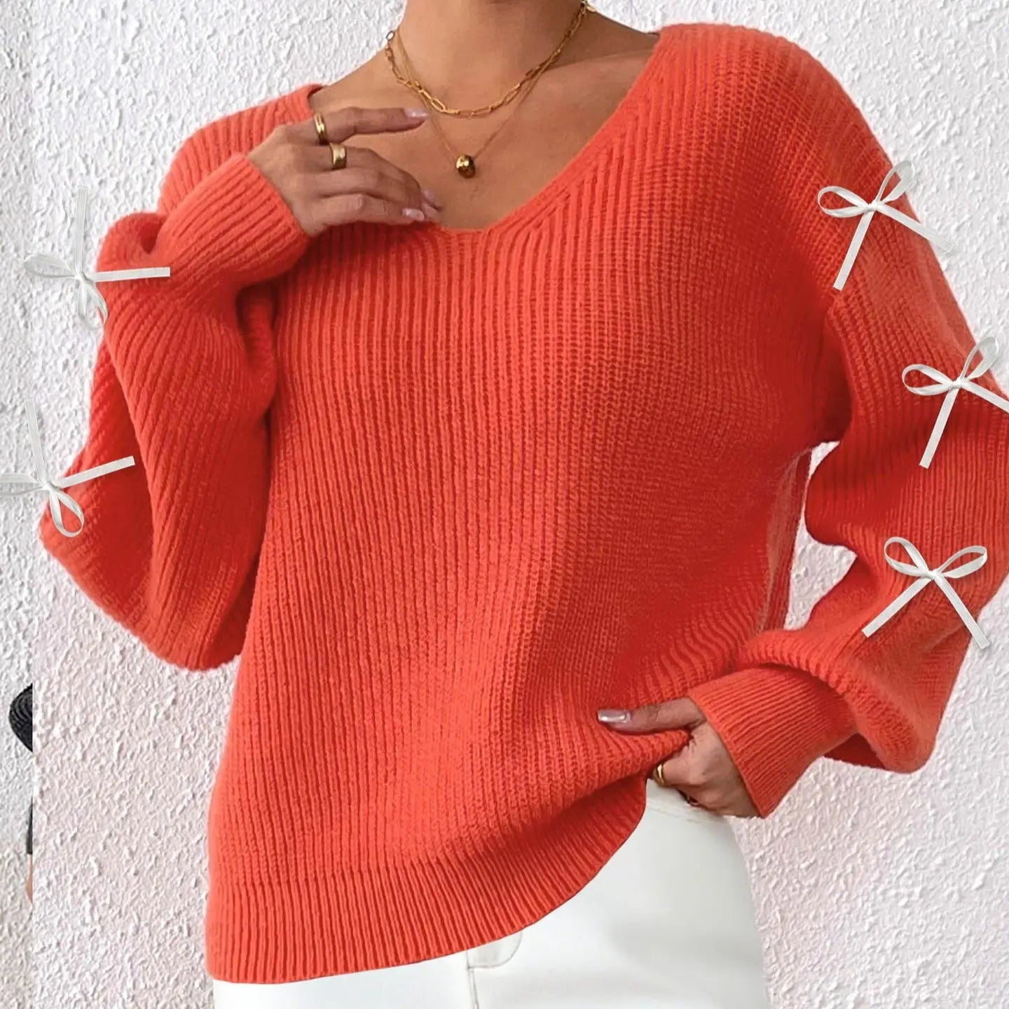 Women Elegant Bow Decor Knit Pullover Jersey V Neck Long Sleeve Spring Fall Bella Mia
