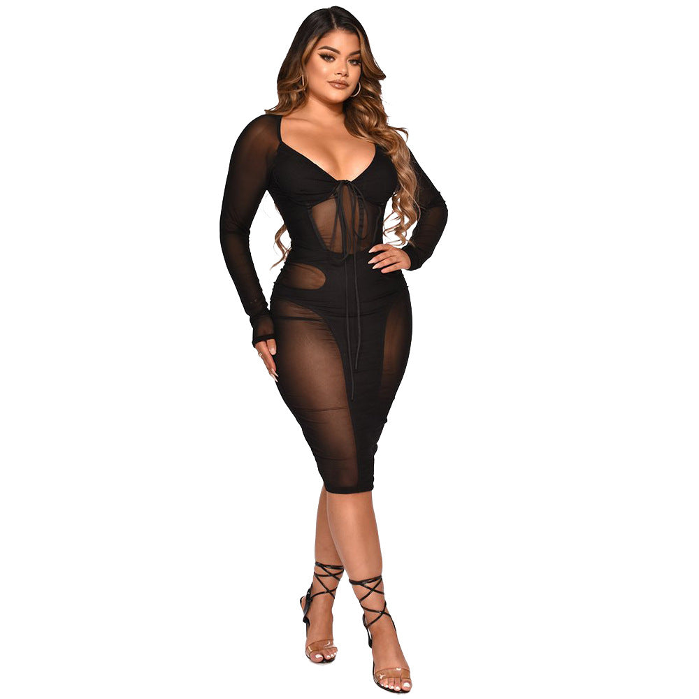 Women Clothing Sexy Mesh Stitching See through Tied Dress Women Bella Mia