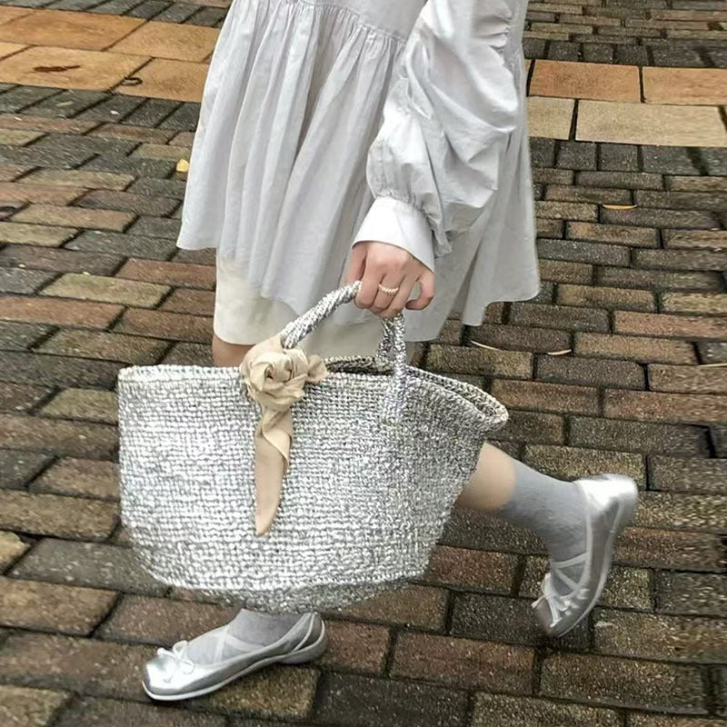 Silver Portable Straw Weaved Bag Metal Sense Large Capacity Hand Carrying Woven Bag Women Seaside Vacation Beach Bag Bella Mia