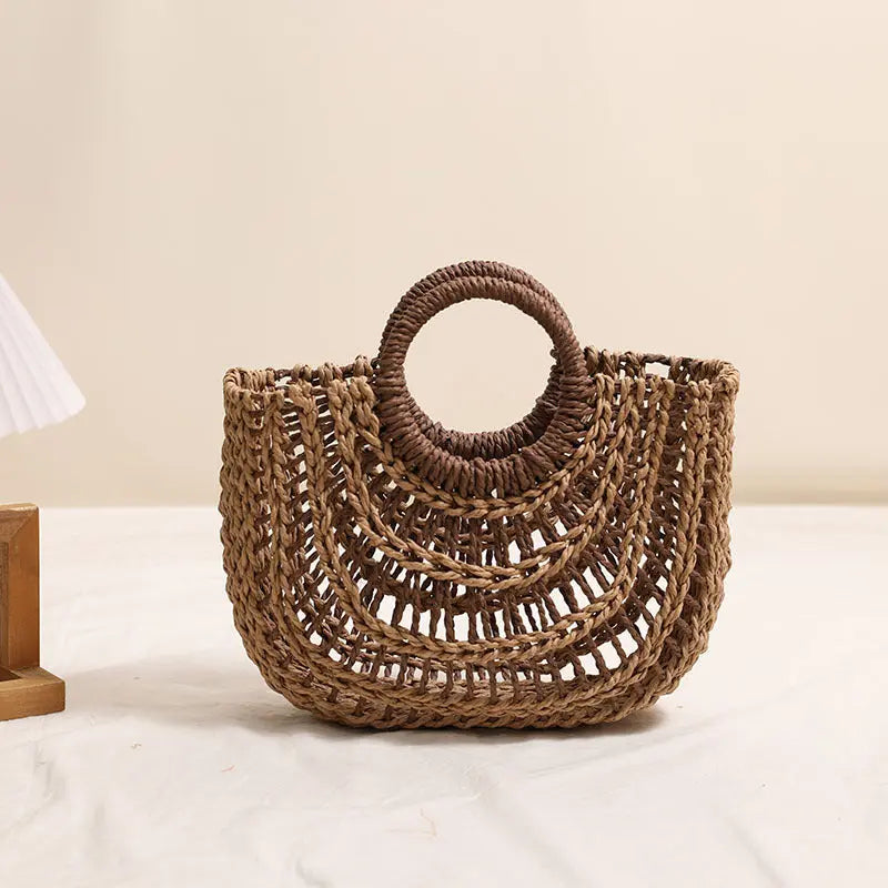 Hollowed out Semicircle Portable Straw Weaved Bag Round Handle Contrast Color Straw Bag Woven Bag Women Seaside Vacation Beach Bag Bella Mia