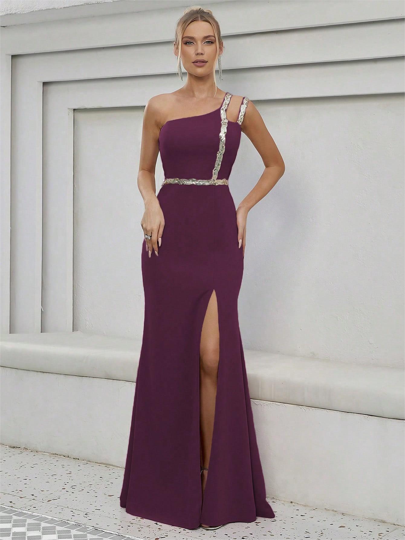 One Shoulder Evening Dress Metal Ribbon Slit Large Swing Evening Dress Dance Dress Party Dress Bridesmaid Dress Summer Bella Mia