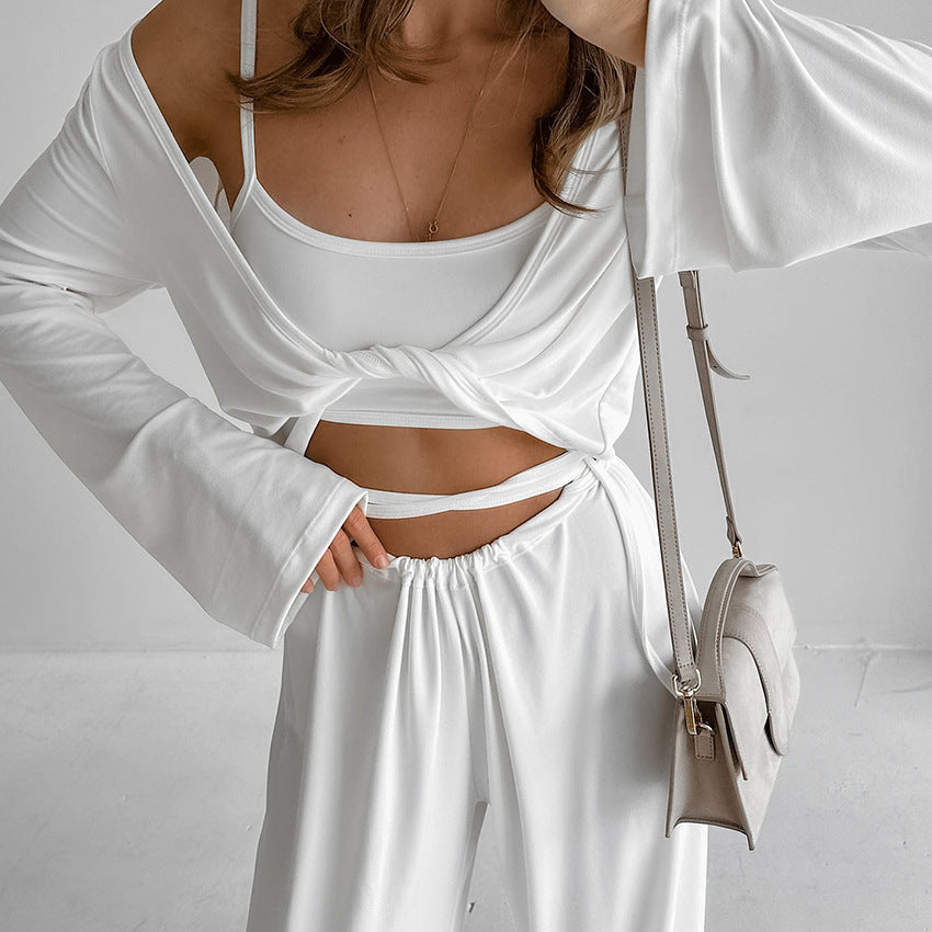 Suspender Top Trousers Long Sleeve Three Piece Set Comfortable Pajamas Autumn Knit Casual Homewear Bella Mia