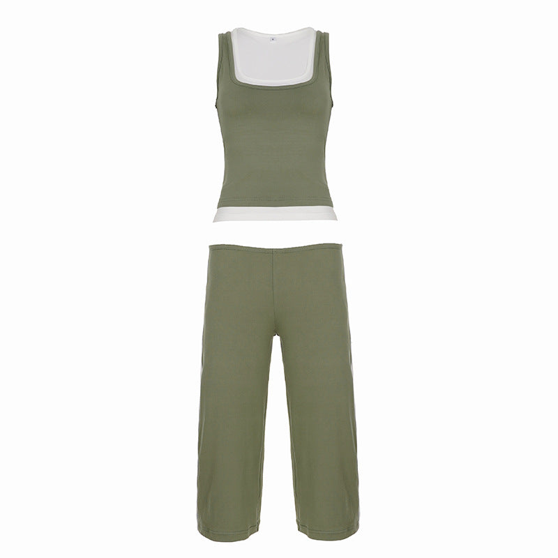 Sports Casual Contrast Color Retro Fitness Basic Vest Cropped Pants Two Piece Sets