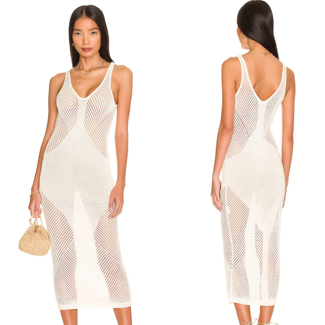 Knitted Hollow Out Cutout out V-neck Vest Skirt Holiday Casual Beach Bikini Cover 2 Colors Bella Mia