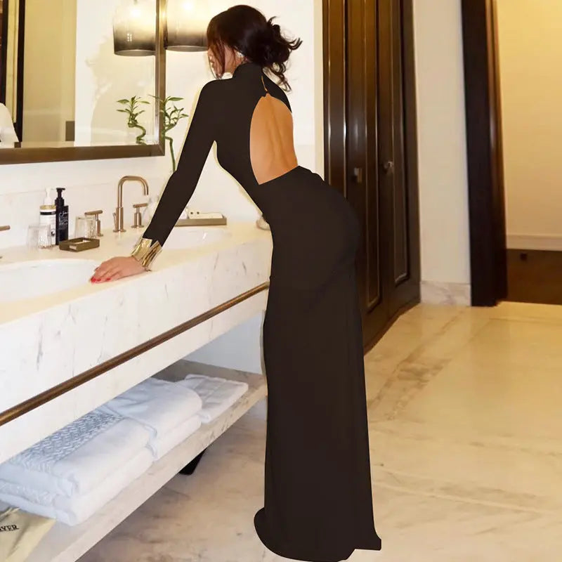 Women Clothing Autumn Solid Color Long Sleeve Slim Fit Fishtail Dress Button Backless Dress Women Bella Mia