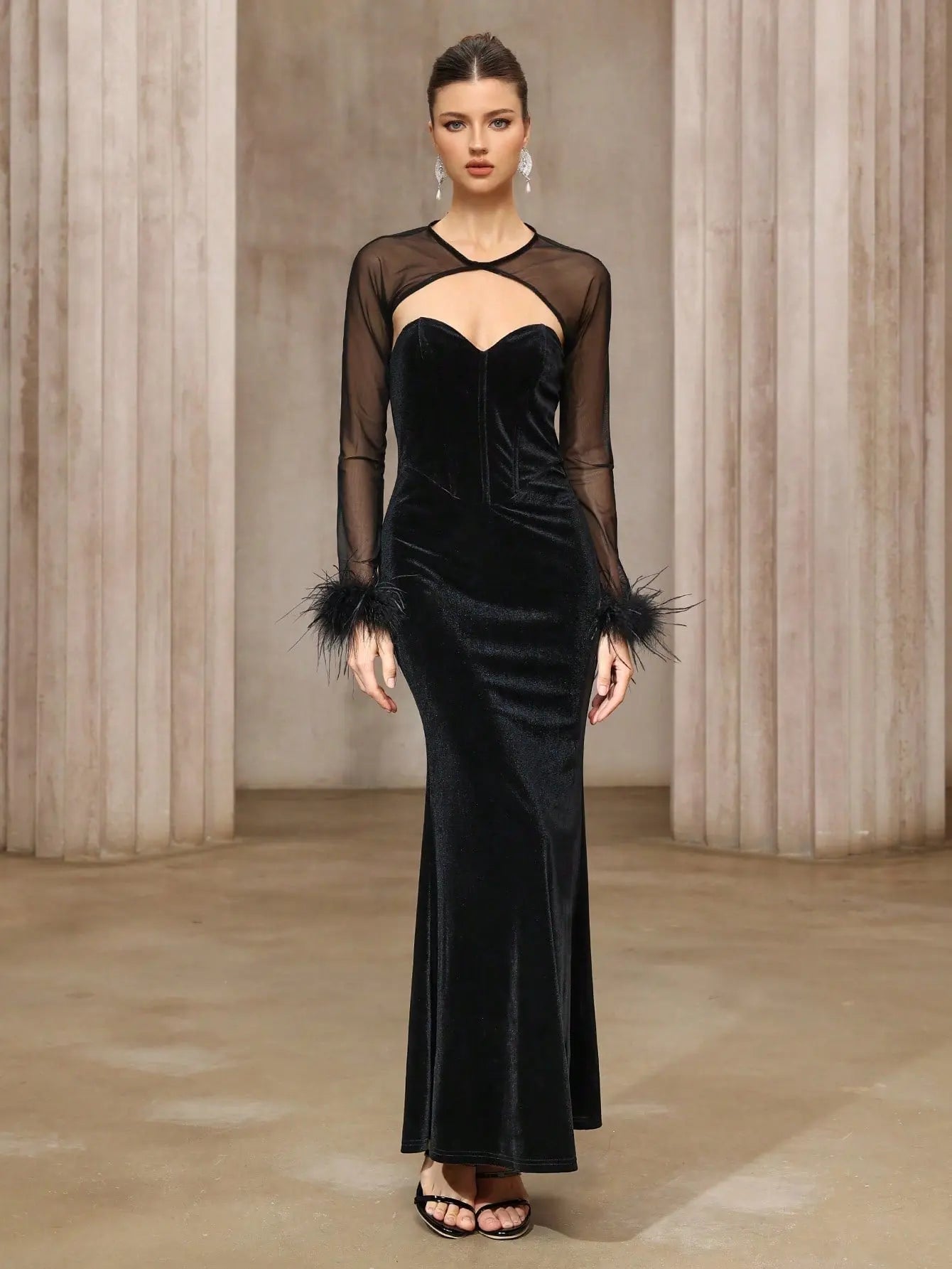 Two Piece Velvet Mesh Top Dress Set Backless Cutout Maxi Bodycon Formal Bella Mia