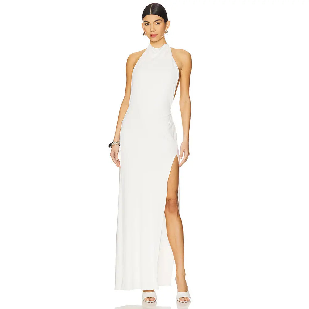 Hollowed out Halter Backless High Bifurcated Rivet Diamond Women Clothing Solid Color Dress Bella Mia