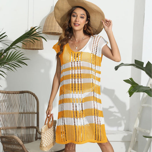 Women Blouse Seaside Vacation Striped Color Contrast Patchwork Sexy Cutout Beach Beach Cover Up Bella Mia