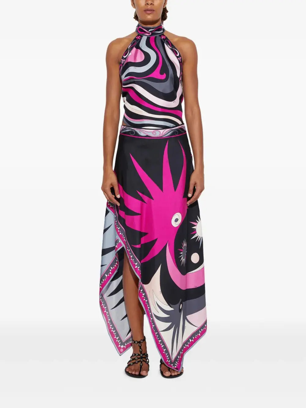 Printed Satin Halter Backless Top And Irregular Maxi Skirt Two Piece Set Bella Mia
