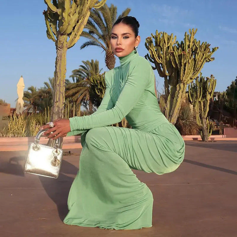 Fall Women Solid Color Backless Turtleneck Pleated Slim Fit Maxi Dress For Party Bella Mia