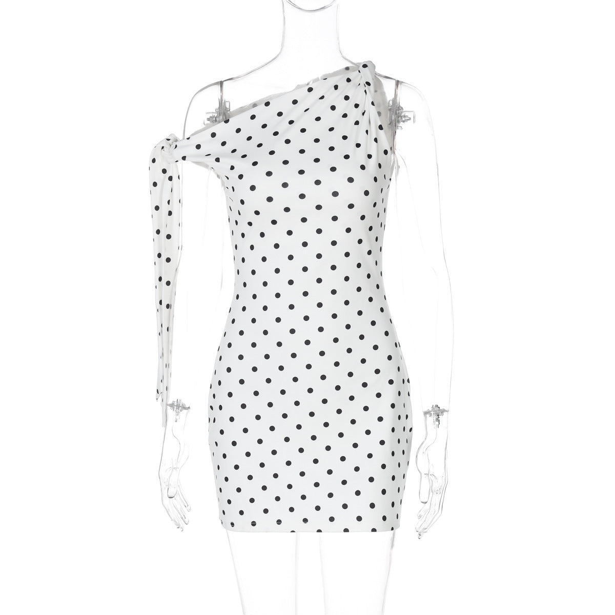 Women Clothing Spring Summer Sexy Polka Dot Printed Shoulder Lace up Slim Fit Hip Bag Dress Bella Mia