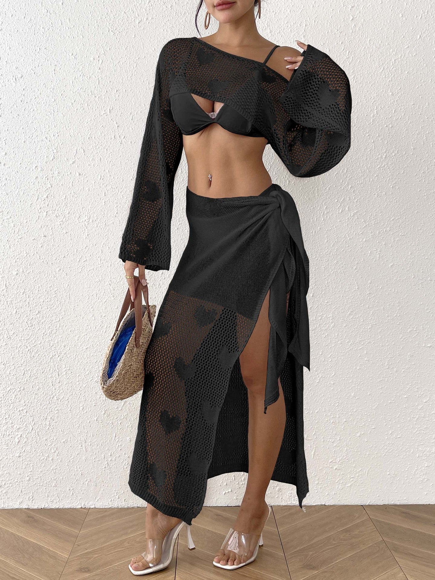Women Beach Suit Sexy Hollow Out Cutout out Heart Jacquard Woven Overclothes Top Lace up Skirt Two Piece Sets