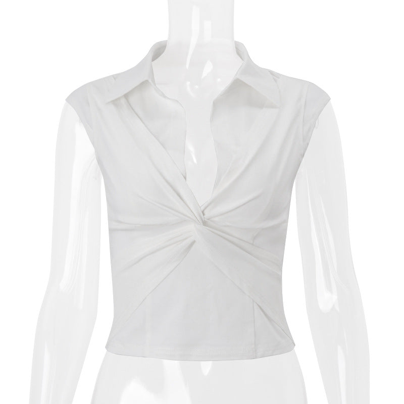 Women Clothing Summer Sexy Polo Collar Twisted Short Solid Color Cropped T shirt Top for Women Bella Mia
