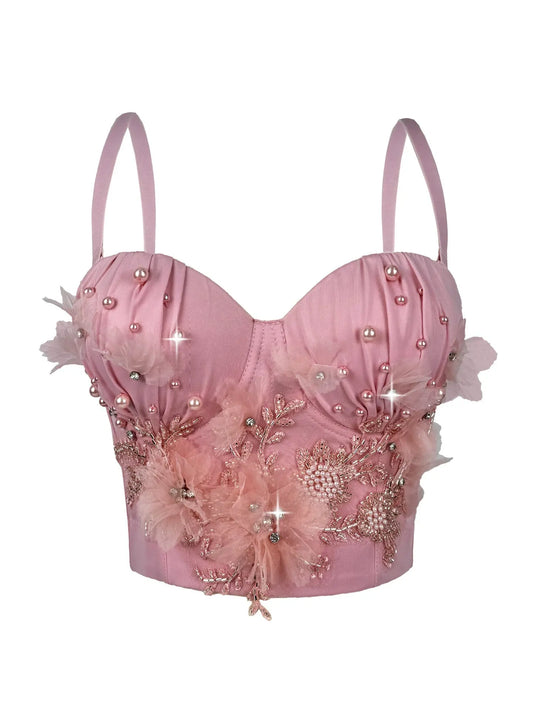 Handmade Beaded Floral Boning Corset Camisole With Pearls And Lace Bella Mia