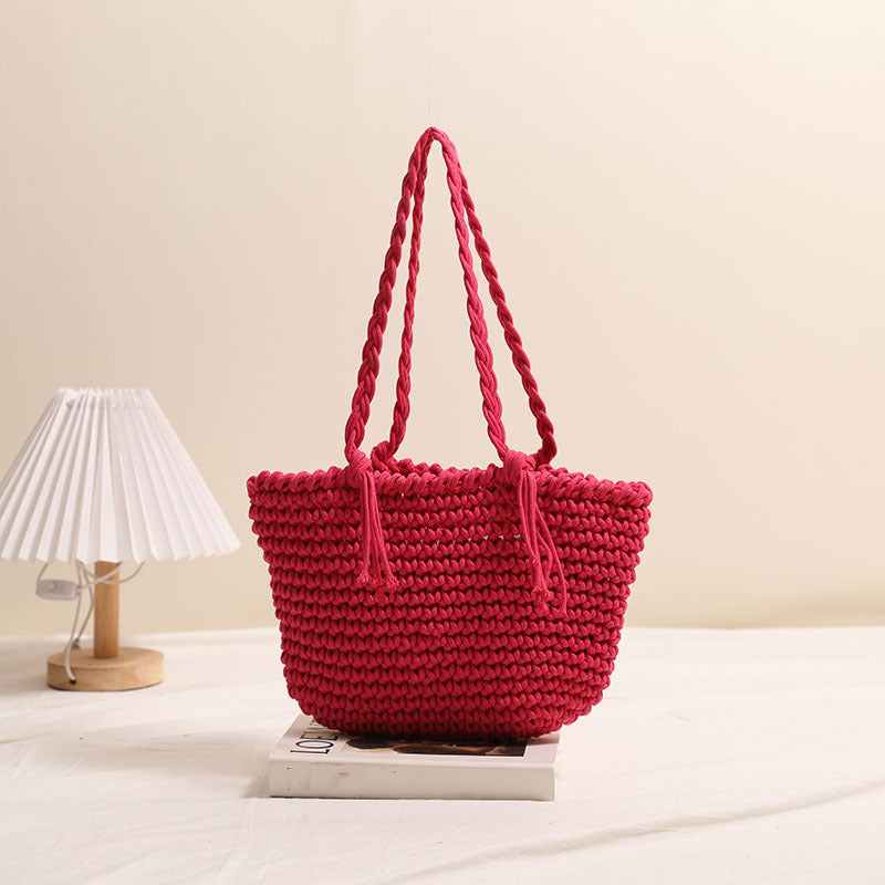Tassel Shoulder Cotton Thread Woven Bag Solid Color Straw Bag Vacation Beach Bag Casual Women Bag Bella Mia