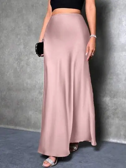 Satin A Line Maxi Skirt For Women Slim Zipper Solid Pattern Seasonless Bella Mia