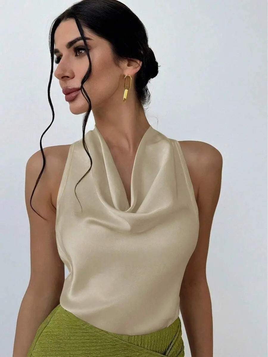 Elegant Satin Halter Tank Top Sleeveless With Cowl Neck And Tie Detail Bella Mia
