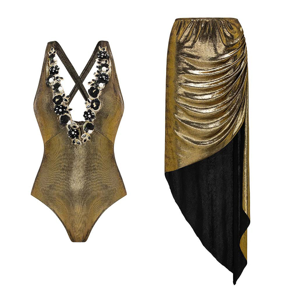 Gold Embroidery Shiny Surface One Piece Swimsuit Women Bella Mia