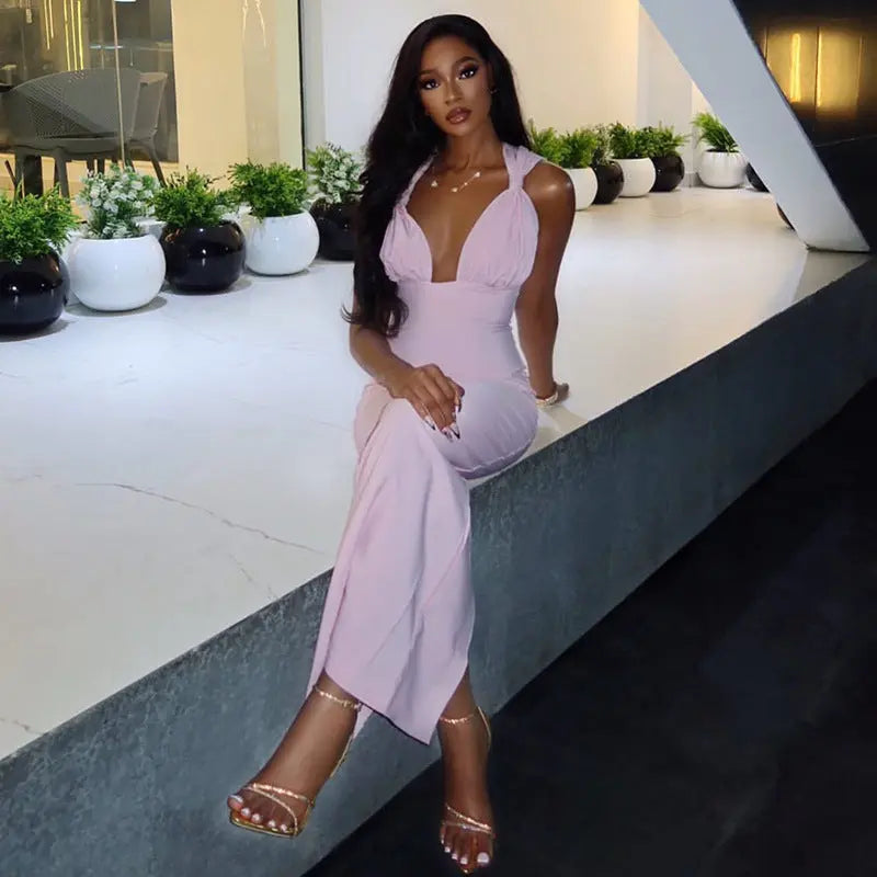 Solid Color Casual Women Pleated Corset Hip Dress Waist V neck Halter Maxi Dress Tide Bella Mia