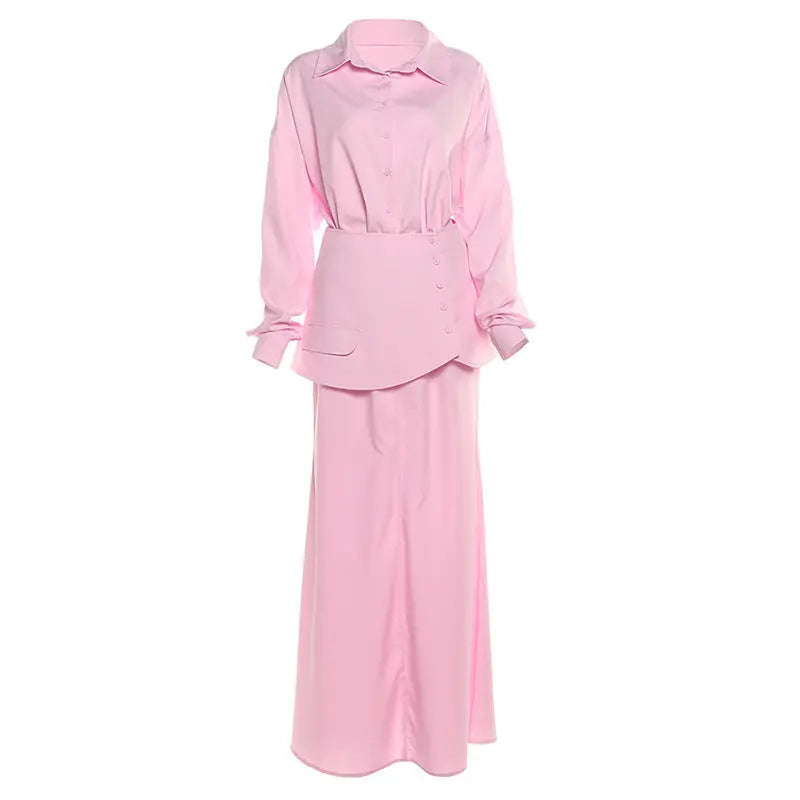 Women Clothing Fall Collared Long Sleeve Shirt Solid Color Waist Seal Skirt Three Piece Set Bella Mia