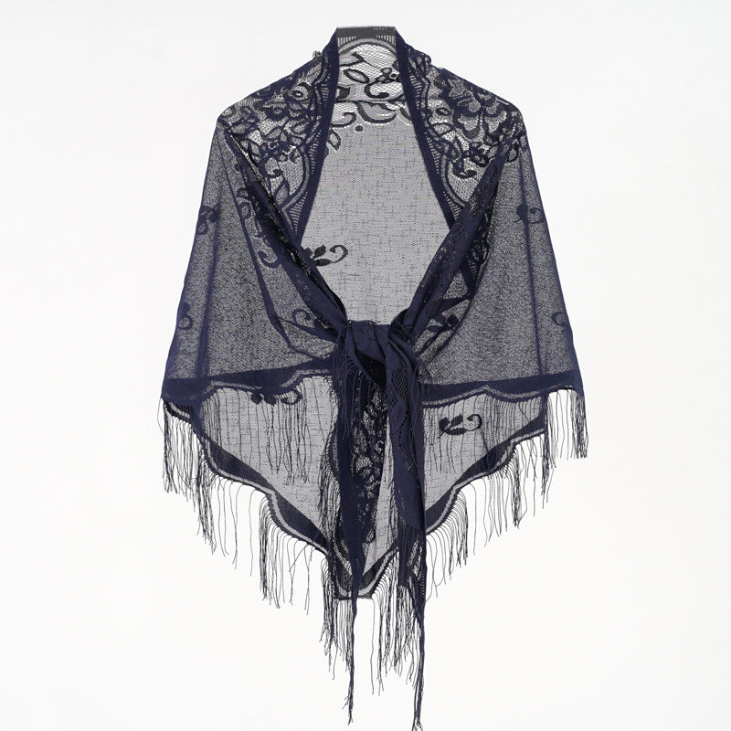 Nylon Hollow Out Cutout out Monochrome Breathable Tassel Triangular Binder Shawl Women Scarf Bella Mia