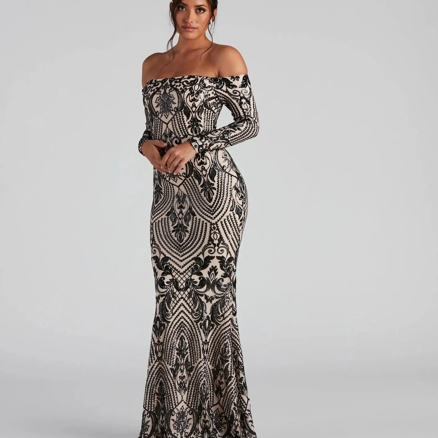 Sequin Off Shoulder Long Sleeve Maxi Dress For Women Formal Evening Cocktail Bella Mia
