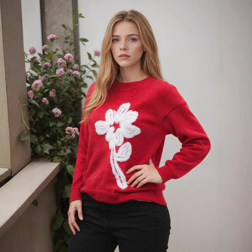 Floral Jacquard round Neck Long Sleeved Sweater Women Clothing Solid Color Casual Pullover Sweater Women Bella Mia
