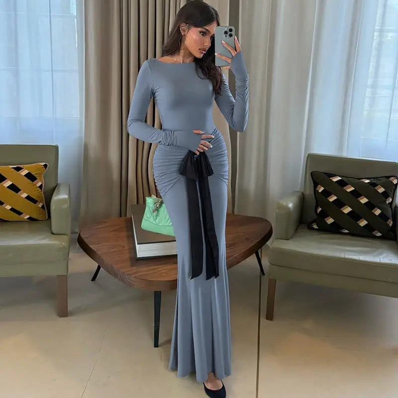 Women Clothing Summer Solid Color Pleated Waist Controlled Lace up Long Sleeve Dress Women Bella Mia