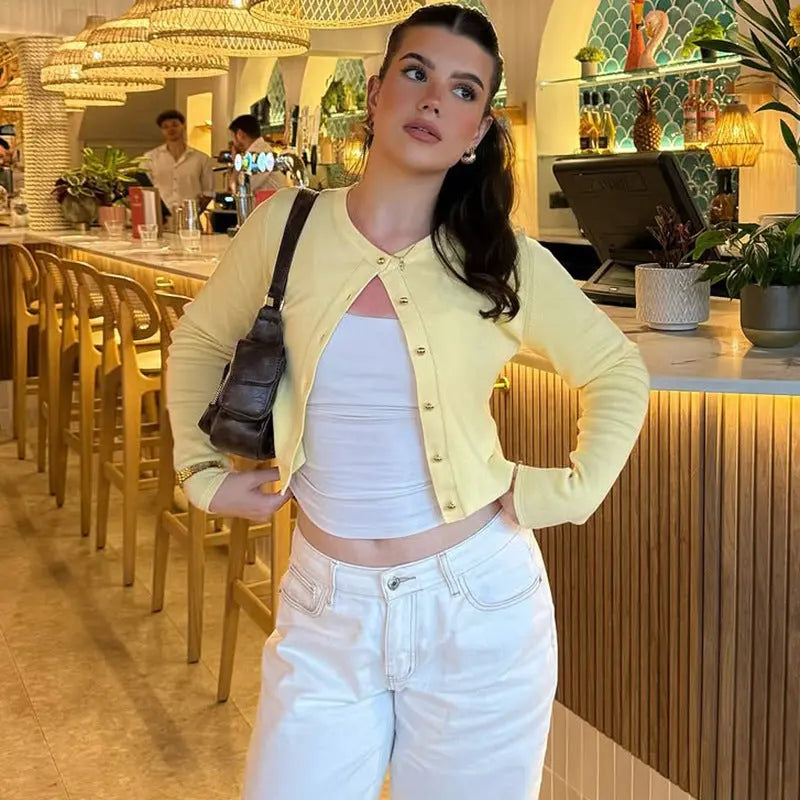 Best Seller in Women Clothing Summer Street Shooting Cardigan Button Solid Color Slim Fit Long Sleeves Top Bella Mia