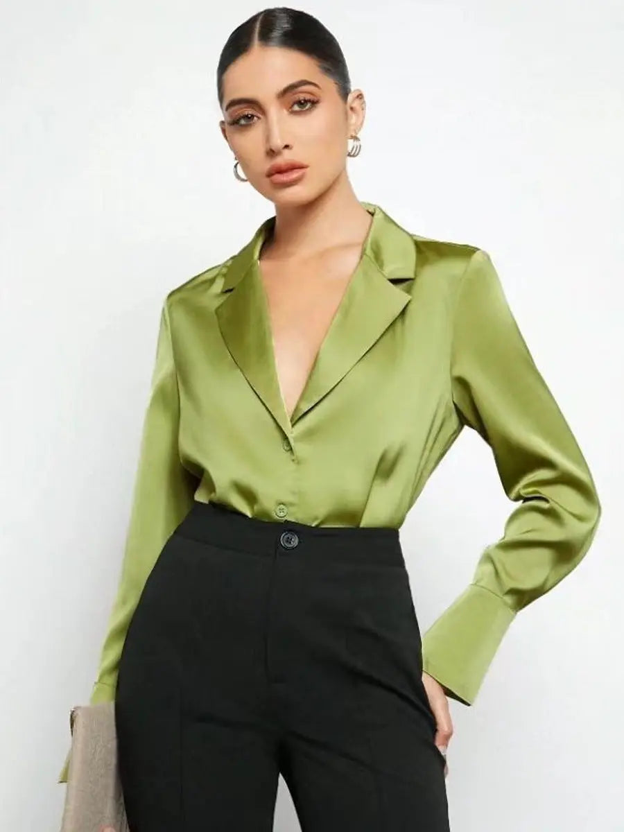 Satin Faux Silk Shirt Spring Summer Women Clothing Minimalist Long Sleeve Shirt Top Bella Mia