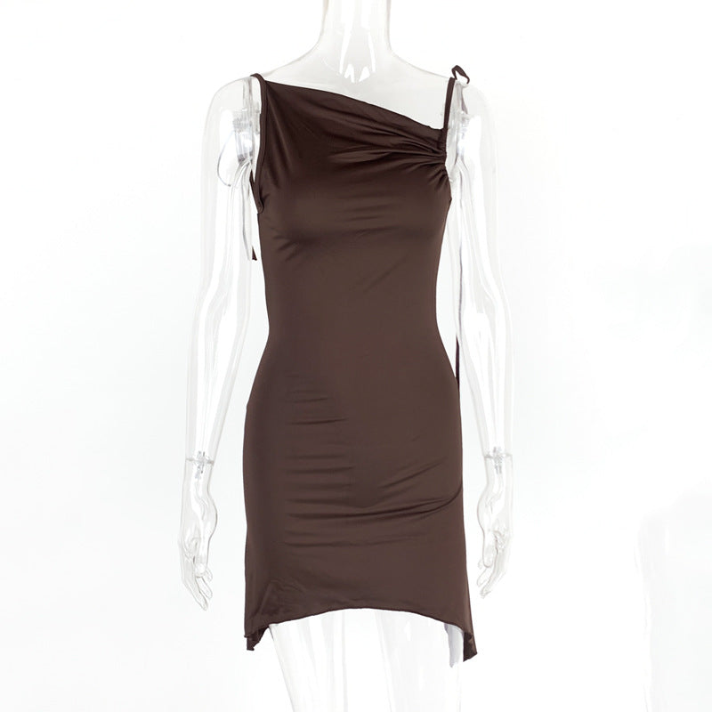 Women Clothing Summer Sexy Backless Irregular Asymmetric Pleated Straps Diagonal Collar Dress Bella Mia