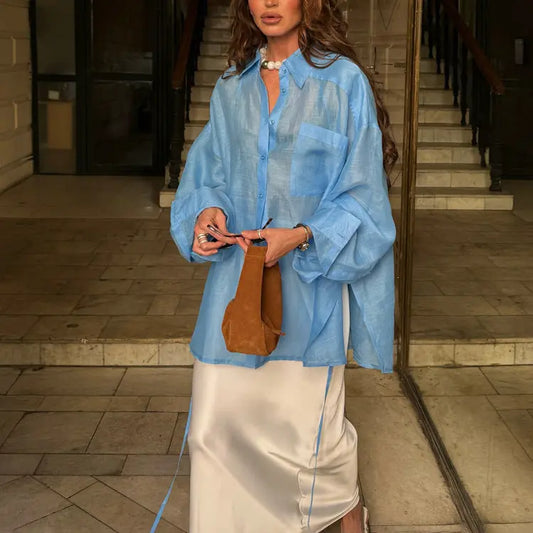 Women Oversized Blue Polo Collar Long Sleeve Shirt For Office Casual Bella Mia